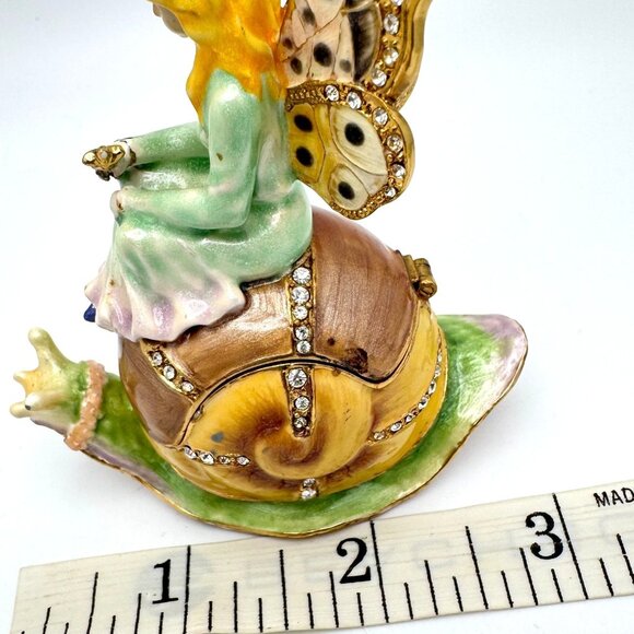 Fairy On Snail Trinket Box Rhinestone Accents Enamel Metal - Picture 3 of 7
